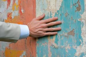 Hand touching a weathered wall with colorful peeling paint, showcasing textures and details photo