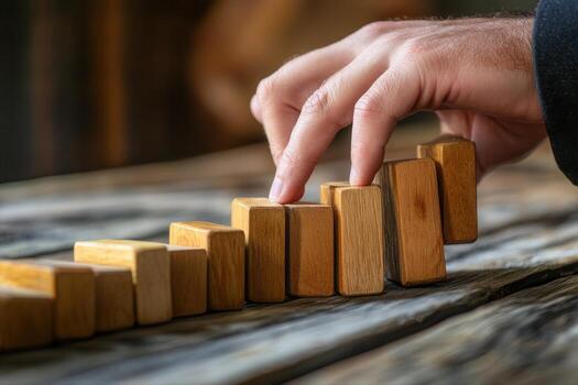 Hand poised to topple wooden blocks in a sequential arrangement on a rustic table photo