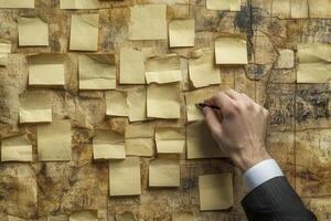 Hand writing on sticky notes attached to a weathered wooden surface, brainstorming ideas photo