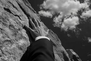 Man in a suit reaching out to a rocky cliff under a cloudy sky, symbolizing ambition photo