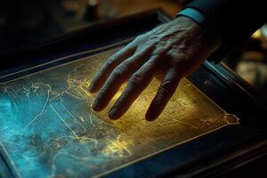 Hand gently touching an illuminated map on a vintage table, with soft lighting in the background photo