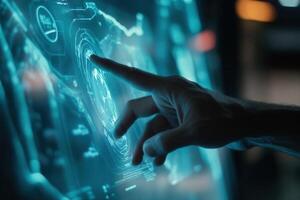 Futuristic hand interacting with a holographic display, showcasing advanced technology in action photo