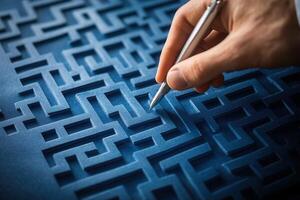 Hand holding a pen tracing intricate maze patterns on textured blue surface photo