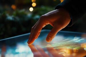 Person interacting with a digital screen at night, illuminated by soft background lights photo