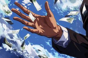 Hand reaching out amidst falling money, set against a vibrant blue sky with clouds photo