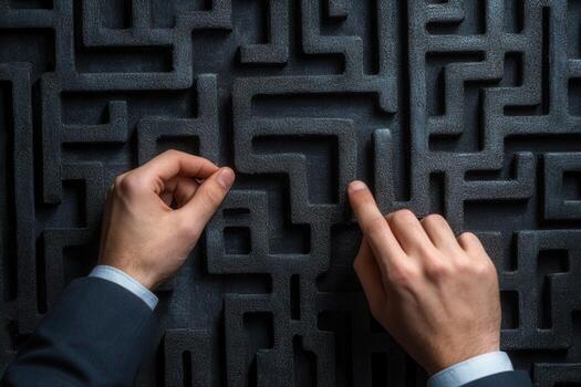 Hands navigating a complex maze on a dark background, symbolizing problem-solving and strategy photo