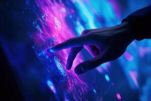 Futuristic hand interacting with vibrant digital interface, showcasing technology and innovation photo