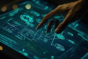 Futuristic hand interacting with a digital interface displaying complex data and diagrams photo