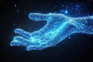 Glowing hand reaching out with sparkling particles, set against a dark background, symbolizing connection photo