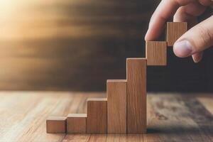 Hand arranging wooden blocks to form a growing staircase, symbolizing progress and success photo