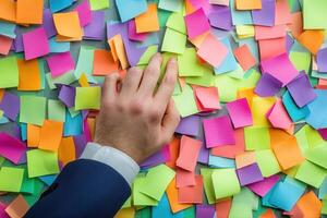 Hand reaching for colorful sticky notes scattered on a surface, vibrant office setting photo