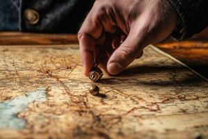 Hand placing a compass on an old map, exploring routes and destinations in history photo