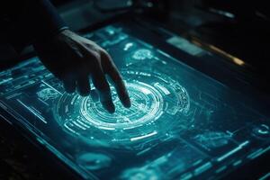 Futuristic hand interacting with a translucent digital interface in a high-tech environment photo