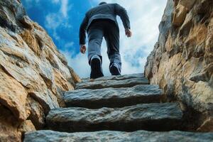 Man ascending rocky stairs under a cloudy sky, symbolizing progress and determination photo