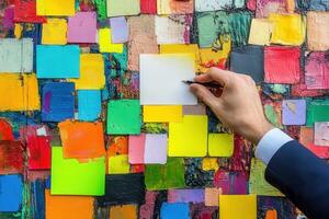 Vibrant hand placing a blank note on a colorful abstract wall of paint swatches photo