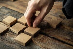 Hand arranging wooden tiles on a rustic table, showcasing creativity and focus in crafting photo