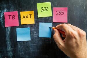 Hand writing on a blue sticky note among colorful notes on a chalkboard background photo