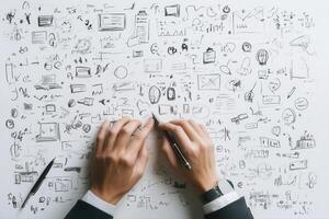 Hands of a business professional sketching ideas on a creative workspace covered in notes photo