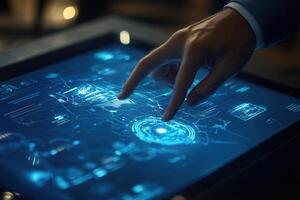 Futuristic hand interacting with a digital touchscreen displaying complex data visuals photo