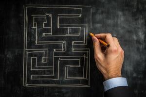 Hand drawing a complex maze on a chalkboard, showcasing creativity and problem-solving photo