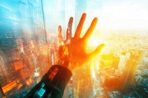 Futuristic hand reaching out over a vibrant city skyline at sunset, symbolizing innovation photo