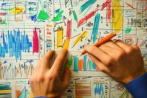Hands actively illustrating colorful data charts on a whiteboard in a creative workspace photo