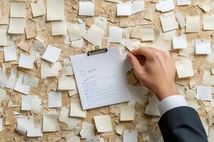 Hand removing a note from a corkboard covered with various reminders and notes photo