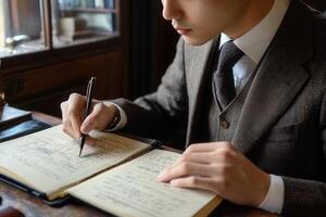 Man in vintage attire writing notes in a cozy study with books and natural light photo