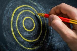 Hand drawing concentric circles with yellow chalk on a blackboard in a classroom setting photo