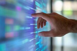 Hand interacting with a digital interface displaying colorful data patterns in a modern space photo