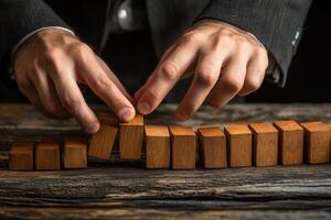 Hands carefully stacking wooden blocks in a creative arrangement on a rustic table photo