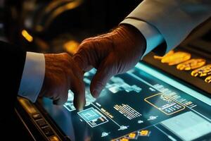 Two hands interacting with a high-tech touchscreen interface in a dimly lit environment photo