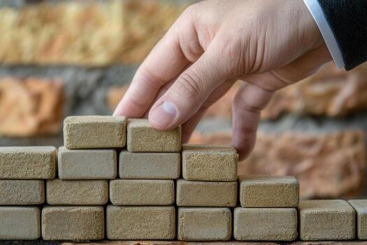 Hand carefully stacking small bricks to build a structure against a textured wall photo