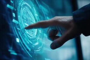 Futuristic hand interacting with a glowing digital interface in a tech-focused environment photo