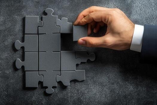 Hand placing a puzzle piece into a nearly completed gray puzzle on a textured background photo