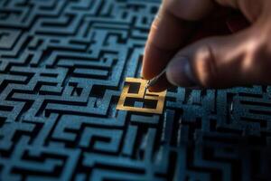 Hand placing a golden piece in a complex maze, symbolizing strategy and problem-solving photo