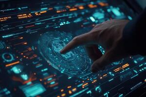 Hand interacting with a futuristic touchscreen interface displaying data and graphics photo