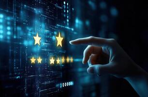 Hand interacting with digital rating stars on a glowing futuristic interface background photo