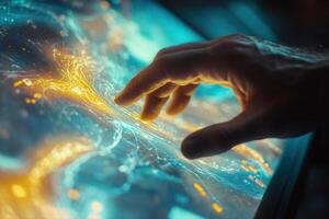 Futuristic hand interacting with a glowing digital interface displaying city data at night photo