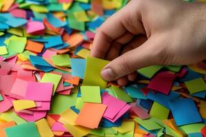 Hand selecting colorful sticky notes from a vibrant assortment on a table surface photo