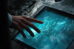 Futuristic hand interacting with a glowing touchscreen in a dark, textured environment photo