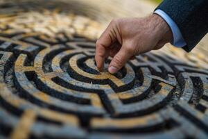 Hand navigating a maze-like pattern on a stone surface in a tranquil outdoor setting photo