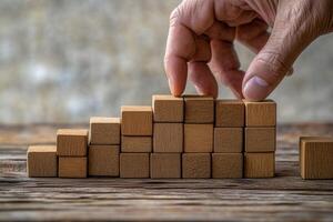 Hand arranging wooden blocks into a staircase formation on a rustic wooden table photo