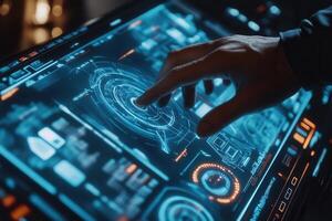 Futuristic hand interacting with a high-tech digital interface in a dark, immersive environment photo