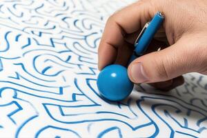 Hand holding a pen tracing intricate blue patterns on a white surface with focus photo