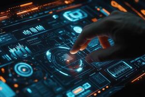 Futuristic hand interacting with a digital interface displaying data and analytics photo
