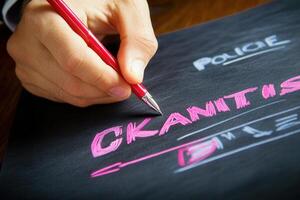 Hand writing on a blackboard with a pink marker, highlighting police-related notes photo