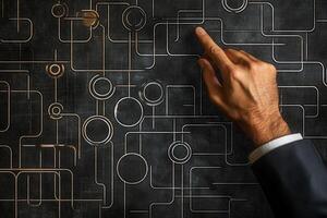 Hand pointing at abstract lines and circles on a dark background, symbolizing connection photo