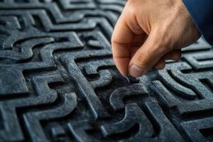 Hand navigating intricate maze pattern on textured surface, showcasing problem-solving skills photo