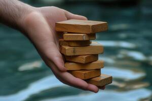 Hand holding a stack of wooden blocks over a serene water background at a leisure setting photo